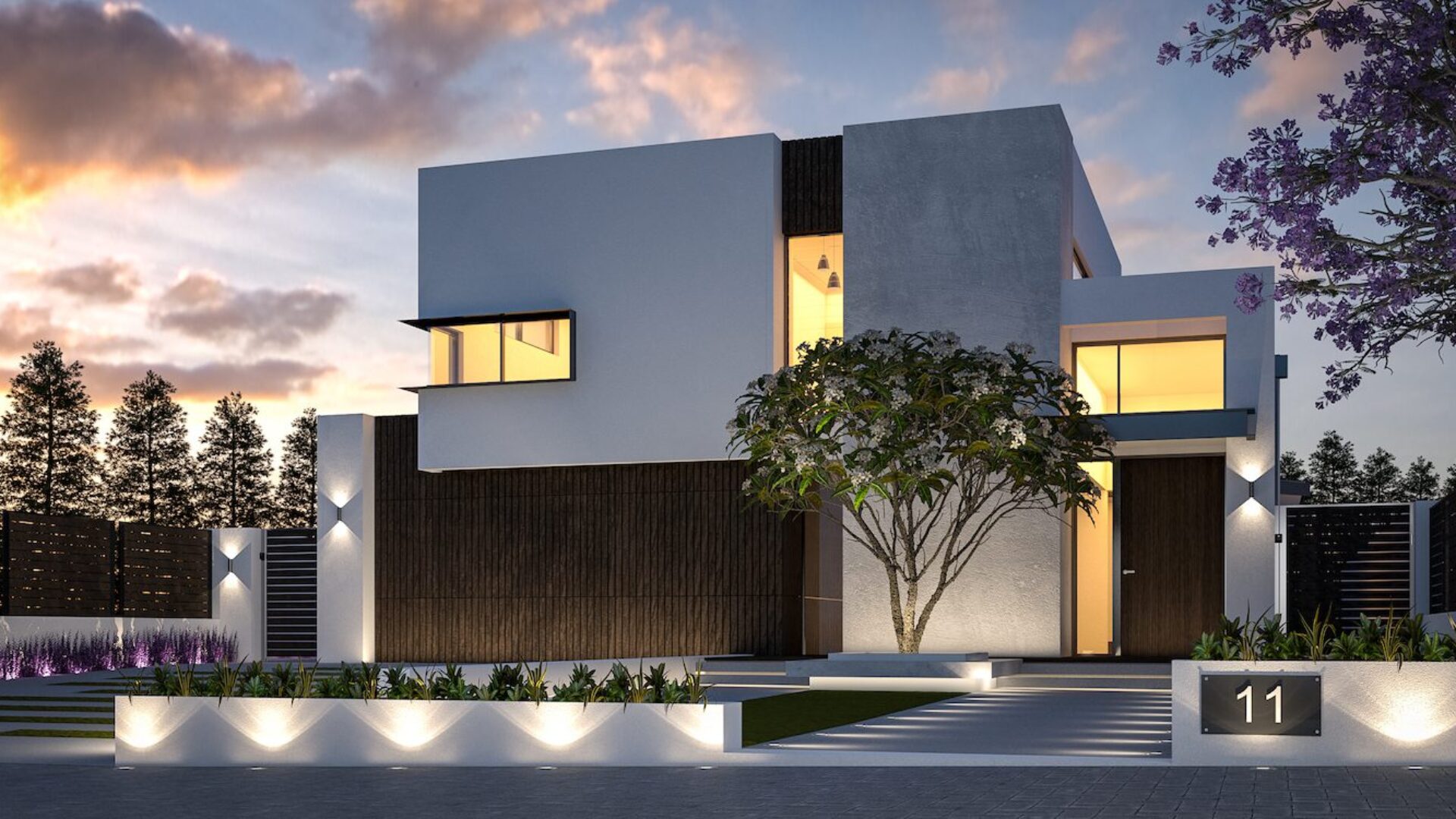 Luxe home design exterior at dusk with rendered facade and feature lighting