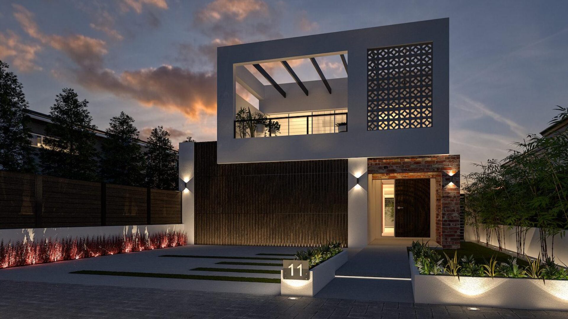 Kalmar home design exterior at dusk with breeze block screening