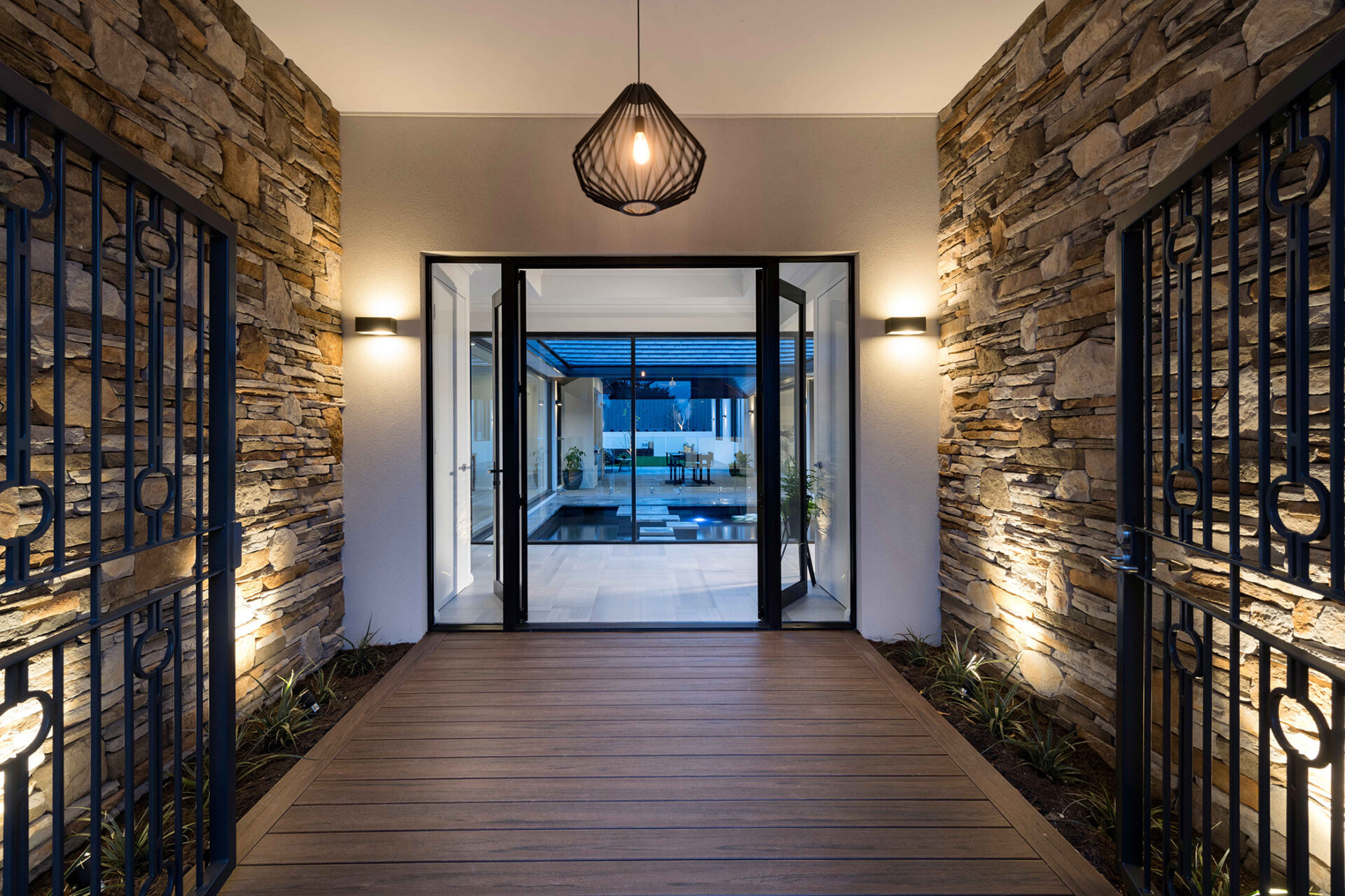 Home entrance with warm lighting