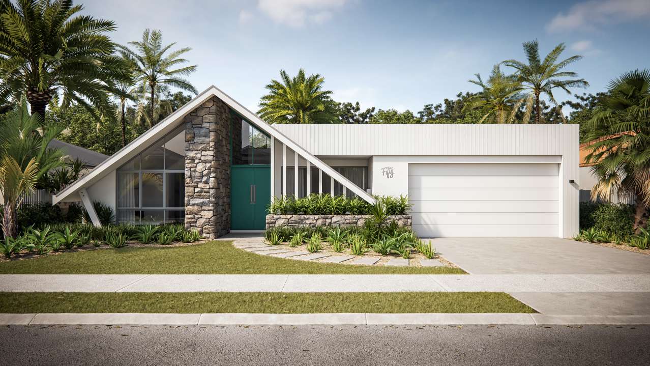 Residential Attitudes Swiss Miss Exterior single-storey home with vibrant green door and stone features