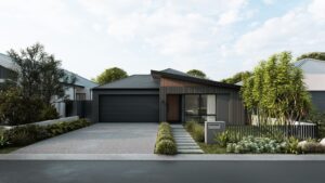 Renegade Retreat single storey display home with dark grey facade, timber accents and double garage