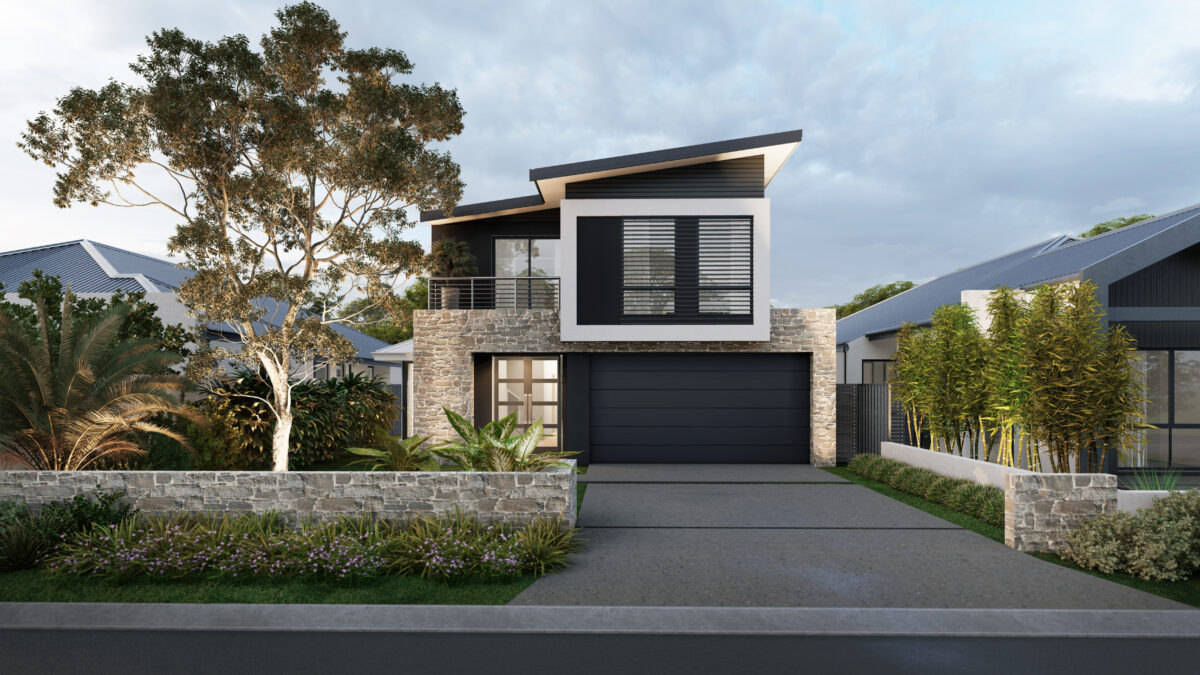 Dark modern two-storey house design with five bedrooms by Residential Attitudes featuring a floor plan with a downstairs master suite.