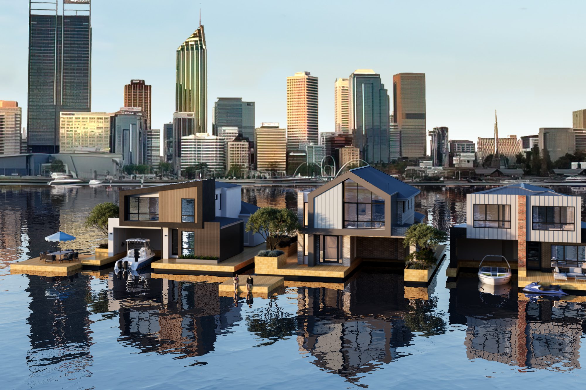 Houseboats on the Swan River with the Perth city skyline behind