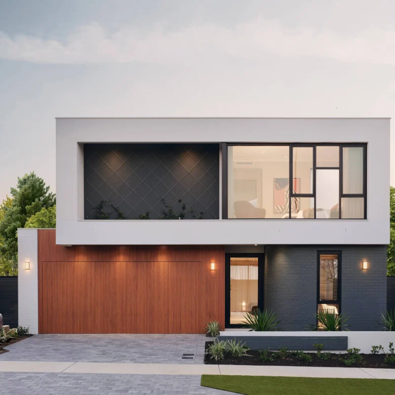 Two storey home facade with white render and timber entry at dusk