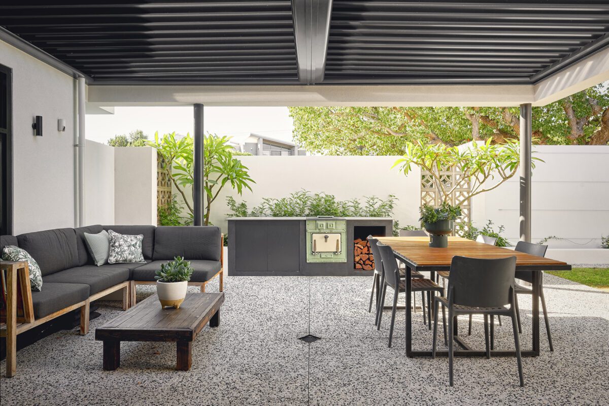 The photo shows an outdoor entertaining areas with an outdoor kitchen for our North Perth clients. Our clients share their experience and review Residential Attitudes.