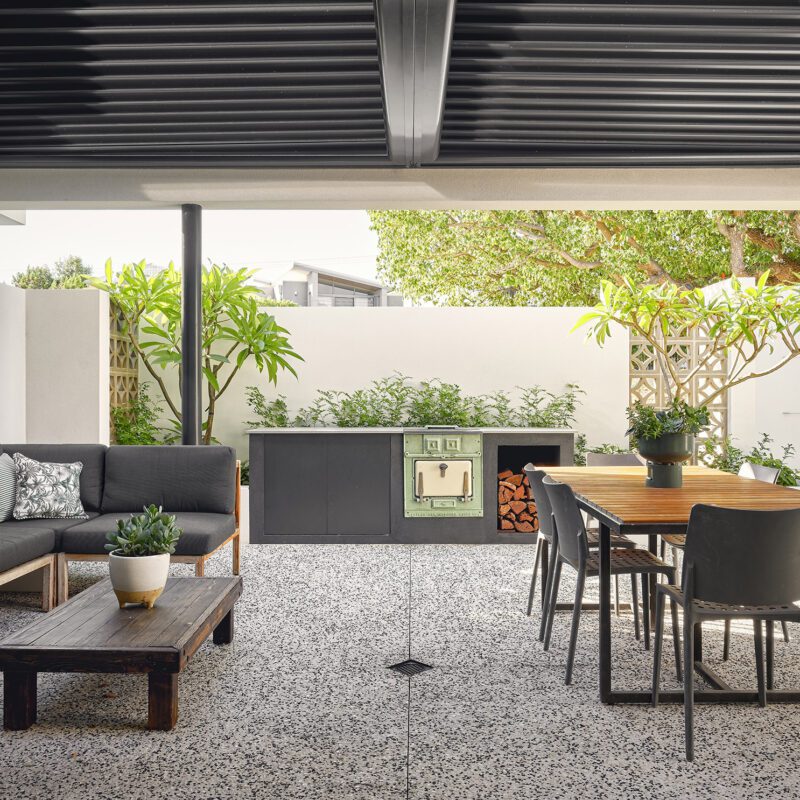 The photo shows an outdoor entertaining areas with an outdoor kitchen for our North Perth clients. Our clients share their experience and review Residential Attitudes.