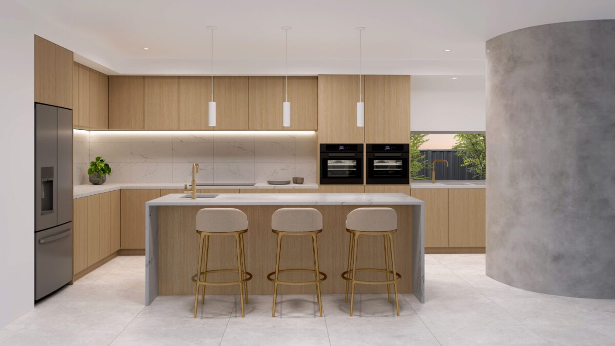 Light and bright render of a contemporary kitchen with European appliances, statement lighting, sleek finishes, and clever storage, built by Residential Attitudes.