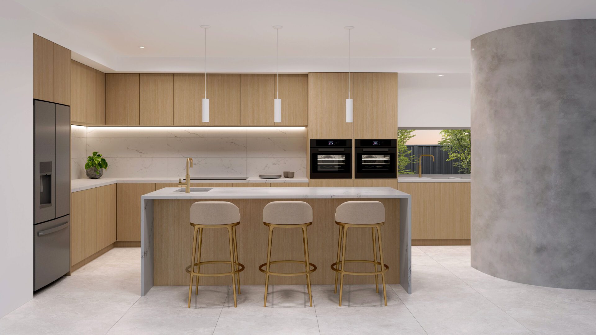 Light and bright render of a contemporary kitchen with European appliances, statement lighting, sleek finishes, and clever storage, built by Residential Attitudes.