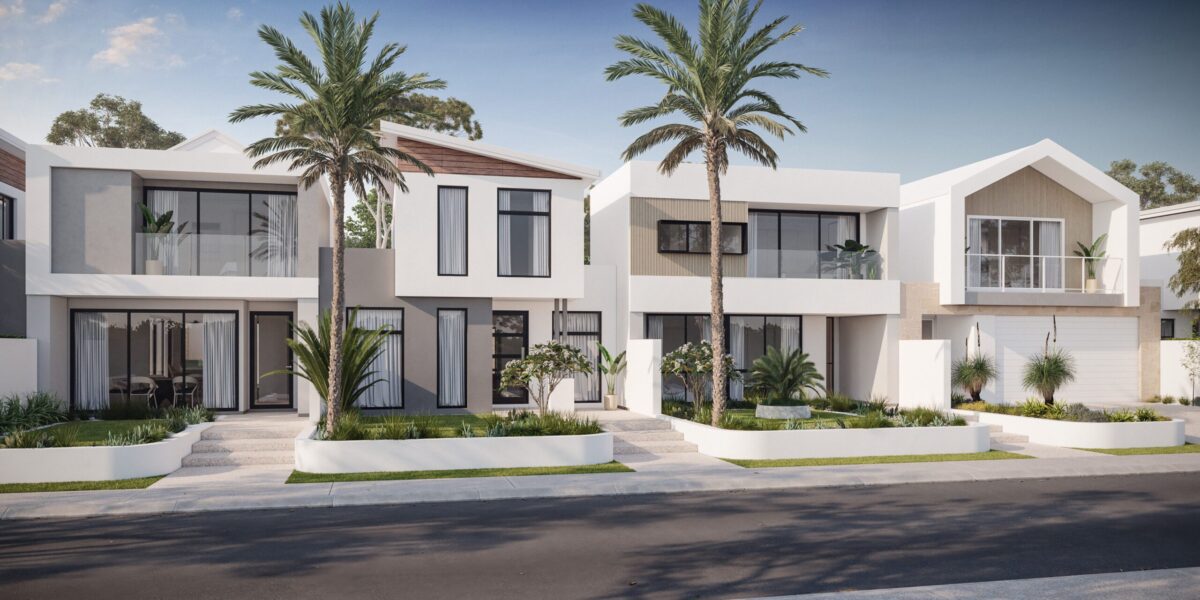 Narrow lot two storey homes for Residential Attitudes, including The Neapolitan, Supernova, Utopia and Checkmate home designs rendered on a streetscape with palm trees.