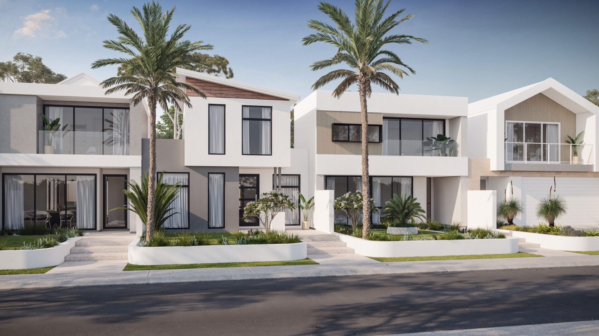 Narrow lot two storey homes for Residential Attitudes, including The Neapolitan, Supernova, Utopia and Checkmate home designs rendered on a streetscape with palm trees.