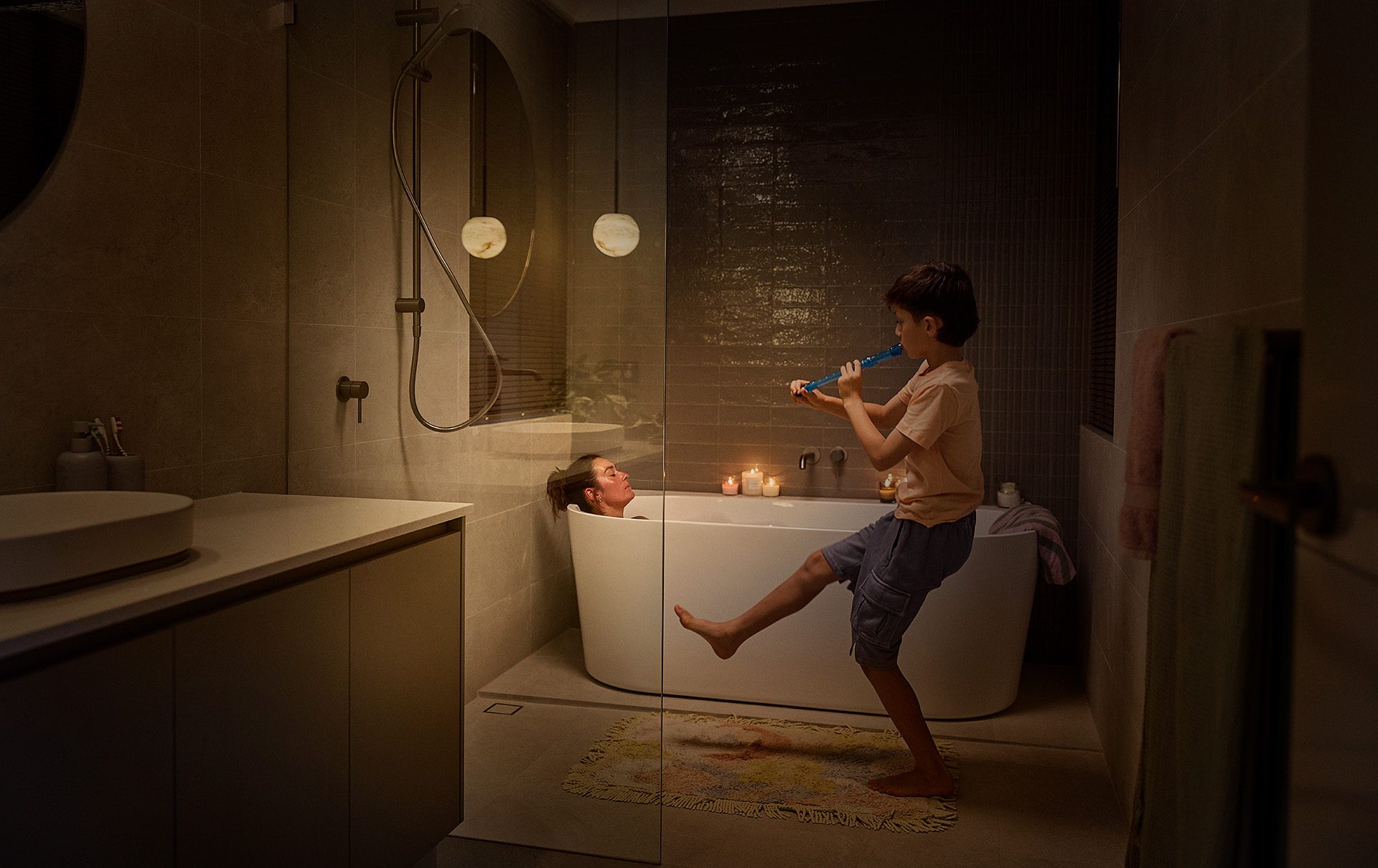 A beautiful standalone bathtub and peaceful setting in the bathroom, only to be disturbed by your kid playing the recorder. At Residential Attitudes, this is what a perfect home for imperfect lives looks like. 