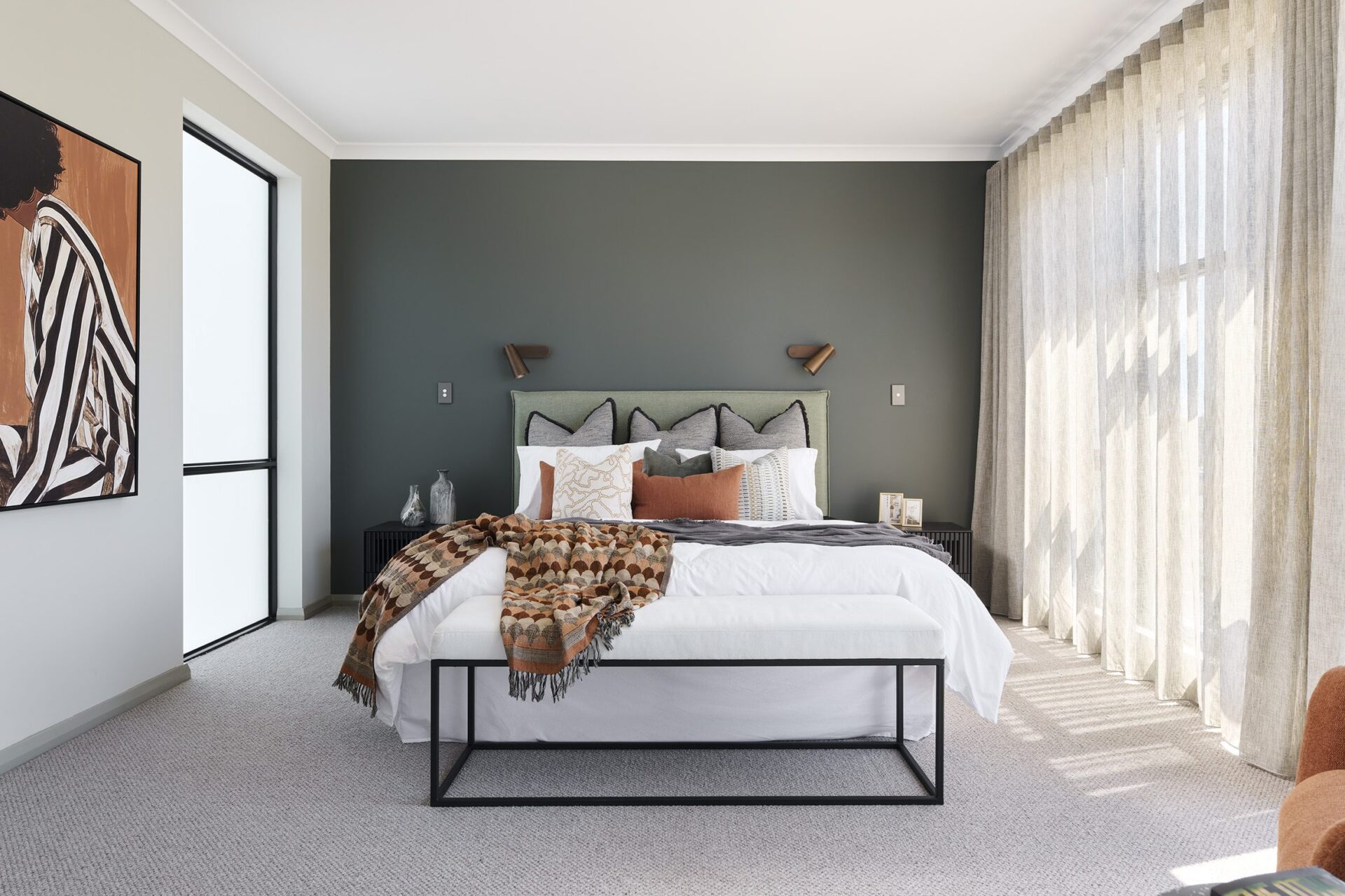 Residential Attitudes home design in Perth, the Double Vision display home main bedroom with deep green feature wall