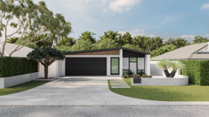 Single storey home design Crouching Tiger, featuring rendered wood panelling detail in the front facade. Built by Residential Attitudes.