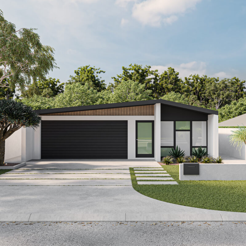 Single storey home design Crouching Tiger, featuring rendered wood panelling detail in the front facade. Built by Residential Attitudes.